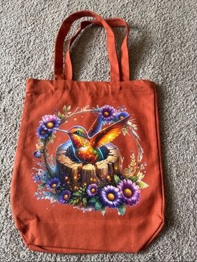 Orange Tote Bag with Colorful Hummingbird Artwork